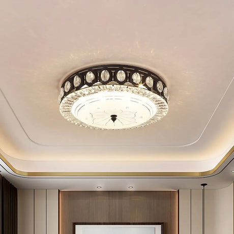 Modern Black Metal Led Flush Mount Bedroom Lamp With Crystal Accent / B