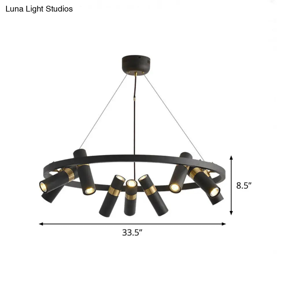 Round Metal Pipe Pendant Chandelier - Black Finish 6/9 Heads Bedroom Ceiling Light