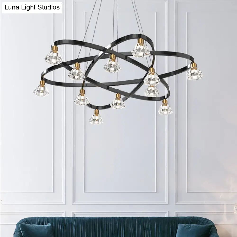 Modern Black Metal Star Chandelier Lamp With Diamond Crystal Shade - 12 Bulb Hanging Light