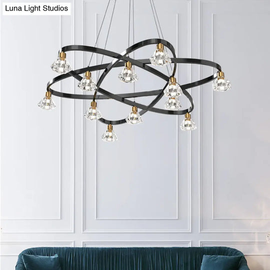 Modern Black Metal Star Chandelier Lamp With Diamond Crystal Shade - 12 Bulb Hanging Light