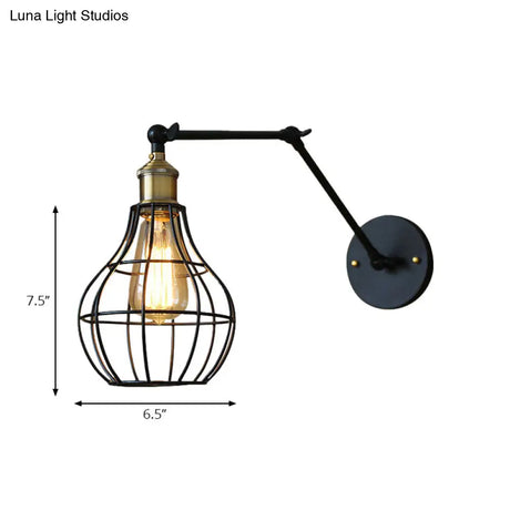 Modern Black Metal Wall Sconce With Adjustable Arm And Cage Shade - Retro Style Lighting 1 Light