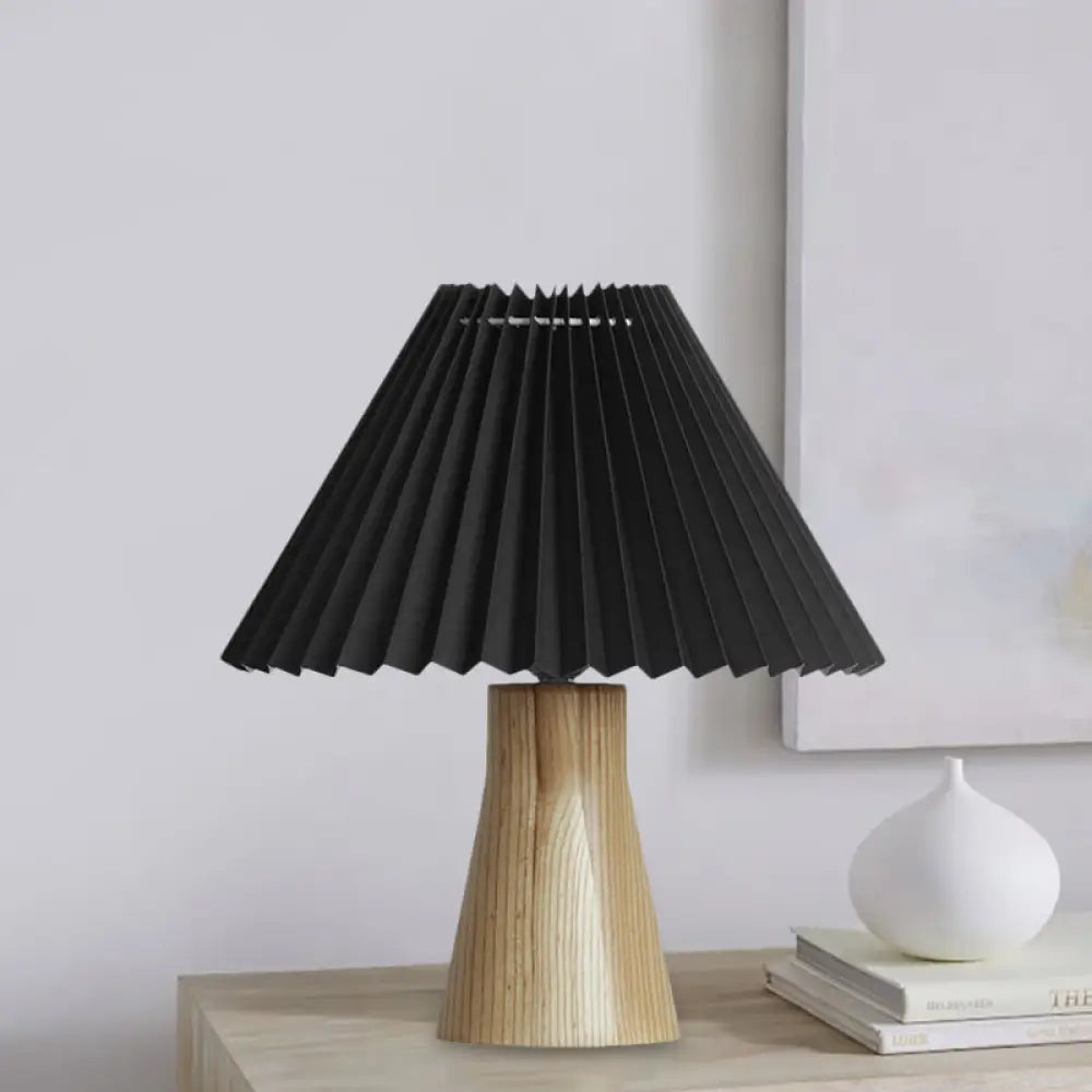 Modern Black Pleated Fold Night Light Table Lamp With Wood Base - Perfect For Bedside Lighting
