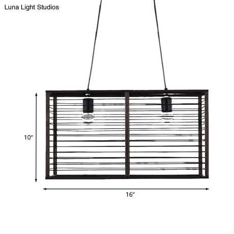 Modern Black Rectangle Cage Island Pendant Light - 16/19.5 W 2-Light Bamboo Suspension Lamp For