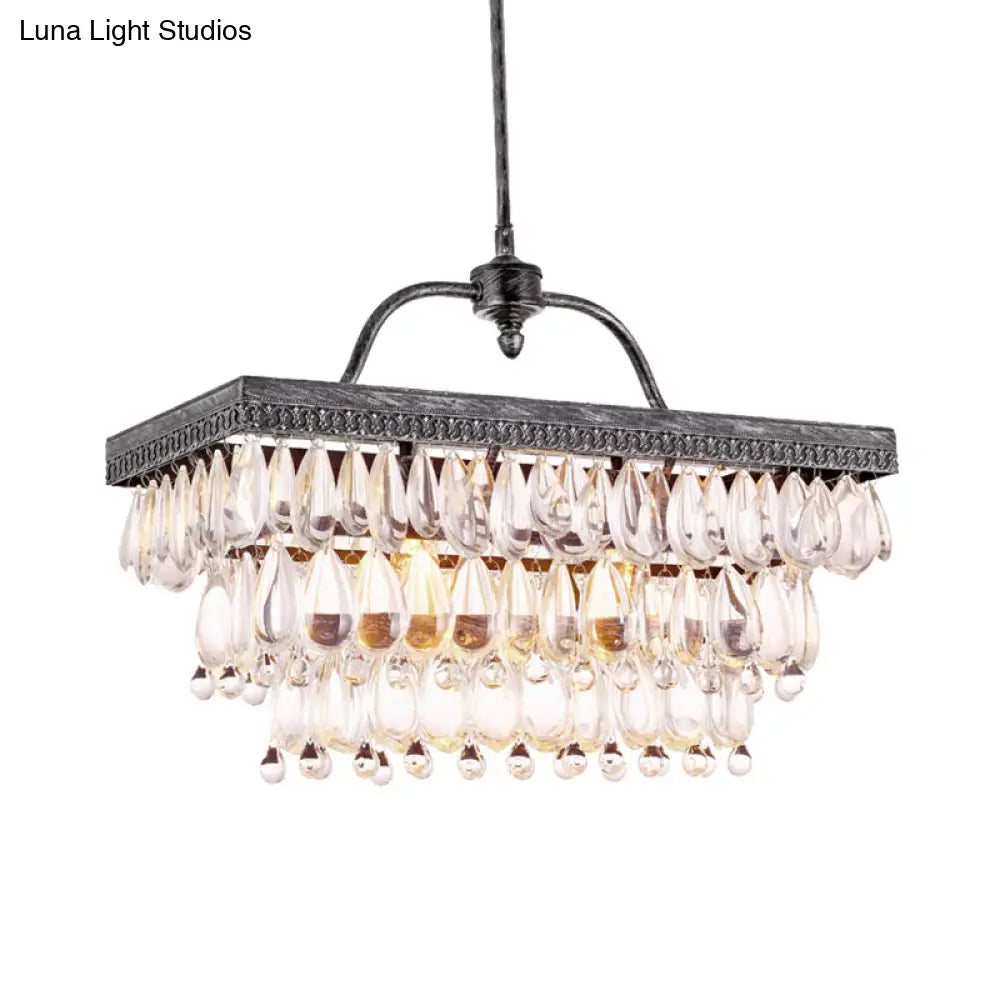 Modern Black Rectangle Island Lighting Fixture With Clear Crystal 4/8 Lights Hanging Lamp