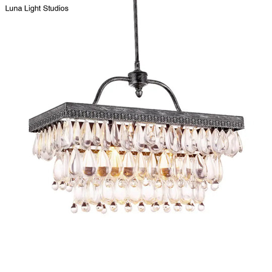 Modern Black Rectangle Island Lighting Fixture With Clear Crystal 4/8 Lights Hanging Lamp