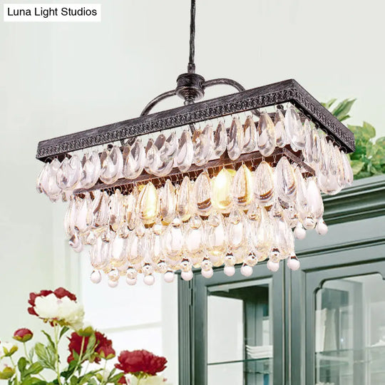 Modern Black Rectangle Island Lighting Fixture With Clear Crystal 4/8 Lights Hanging Lamp