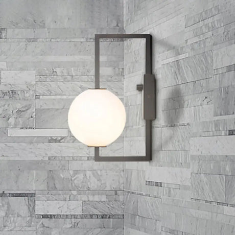 Modern Black Rectangular Wall Sconce With White Glass Orb Shade - 1 Bulb Metal Lighting