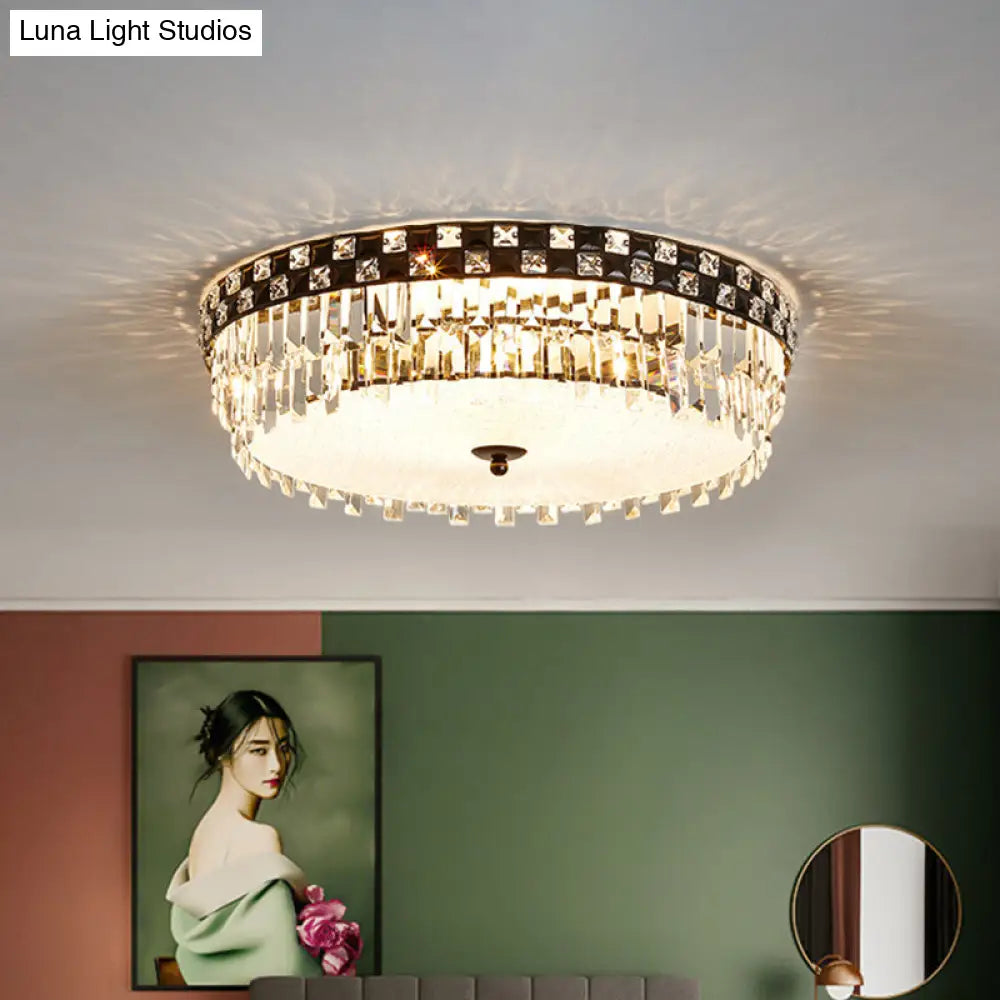 Modern Black Round Flush Mount Ceiling Light With 5 Clear Faceted Crystal Bulbs