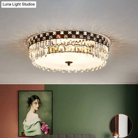 Modern Black Round Flush Mount Ceiling Light With 5 Clear Faceted Crystal Bulbs