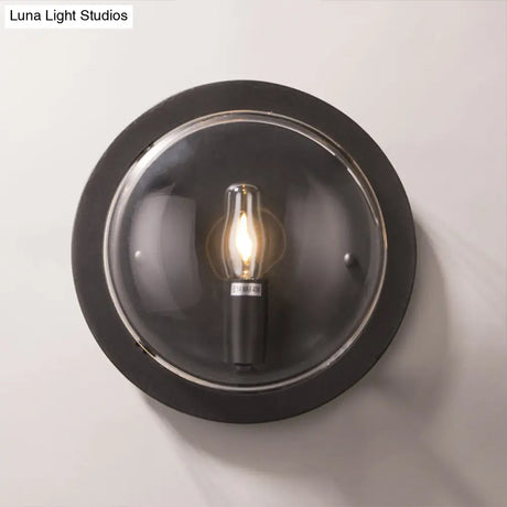 Modern Black Round Wall Sconce With Clear Crystal Accent - Stylish Metal 1 Bulb Light For Hallway
