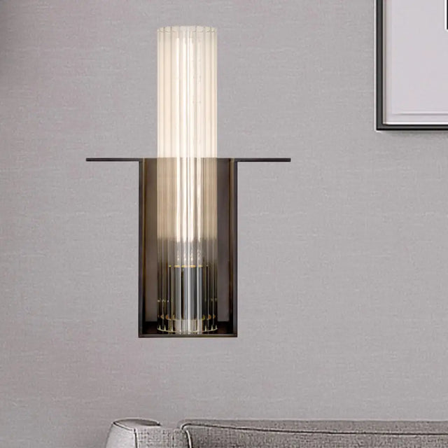 Modern Black Sconce Light With Ribbed Glass Shade For Living Room Wall