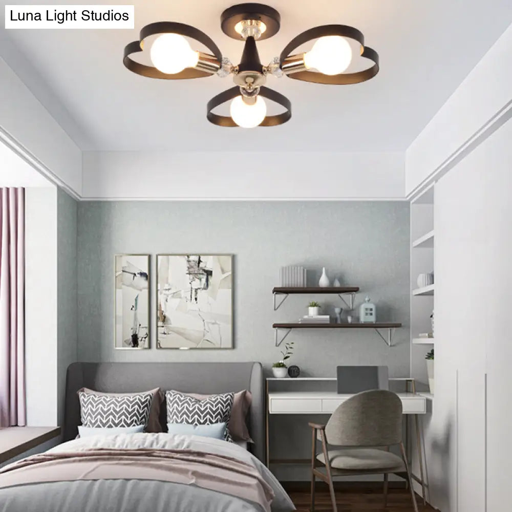 Modern Black Semi Flush Mount Ceiling Lamp With Heart Shade Crystal Ball - 3/6 Heads