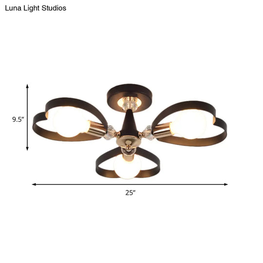 Modern Black Semi Flush Mount Ceiling Lamp With Heart Shade Crystal Ball - 3/6 Heads