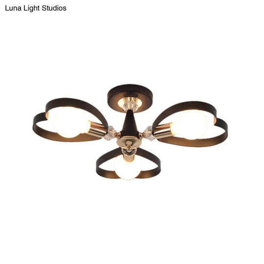 Modern Black Semi Flush Mount Ceiling Lamp With Heart Shade Crystal Ball - 3/6 Heads