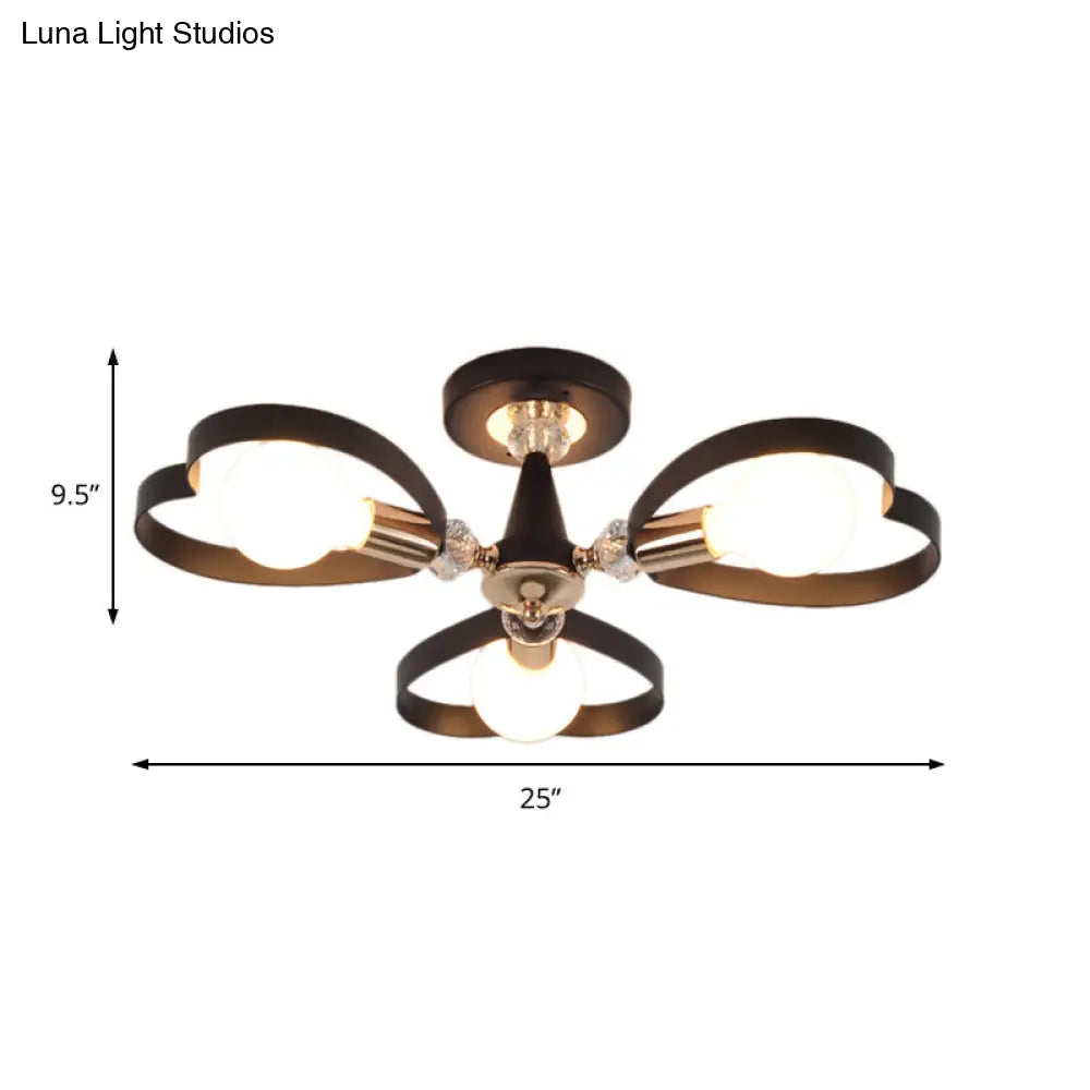 Modern Black Semi Flush Mount Ceiling Lamp With Heart Shade Crystal Ball - 3/6 Heads