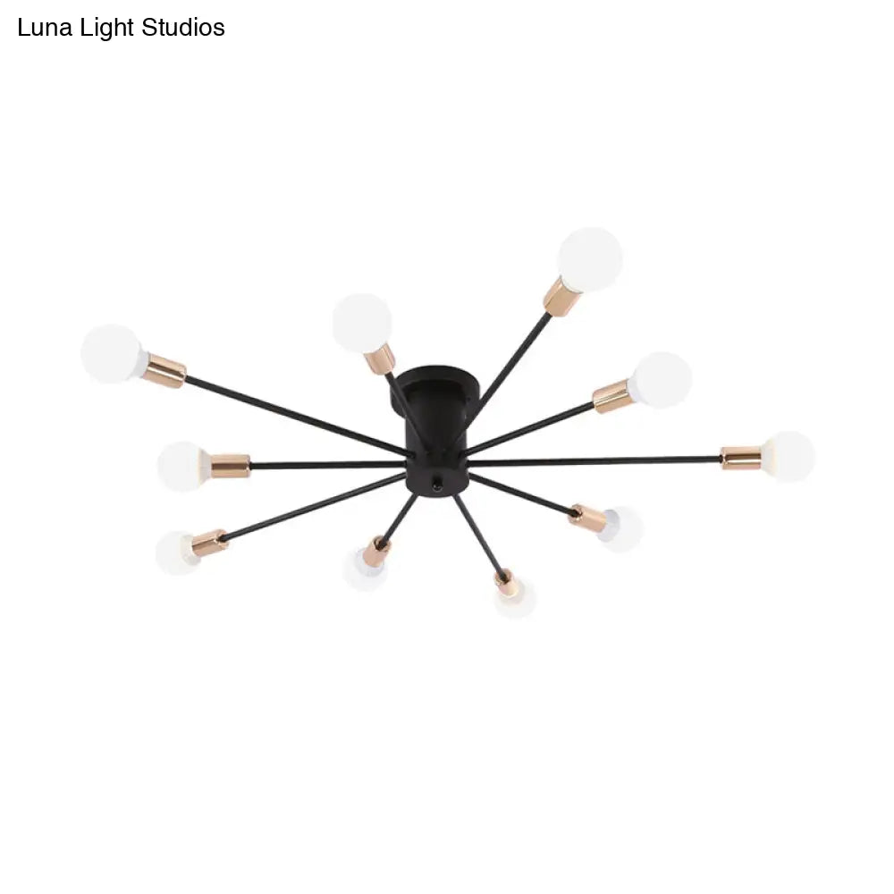 Modern Black Starburst Semi Flush Ceiling Light With Bare Bulb Design - 6/8/10 Lights Ideal For