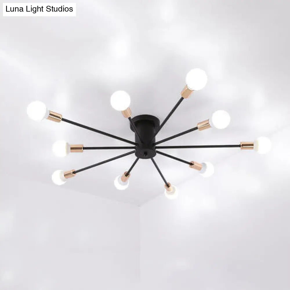 Modern Black Starburst Semi Flush Ceiling Light With Bare Bulb Design - 6/8/10 Lights Ideal For