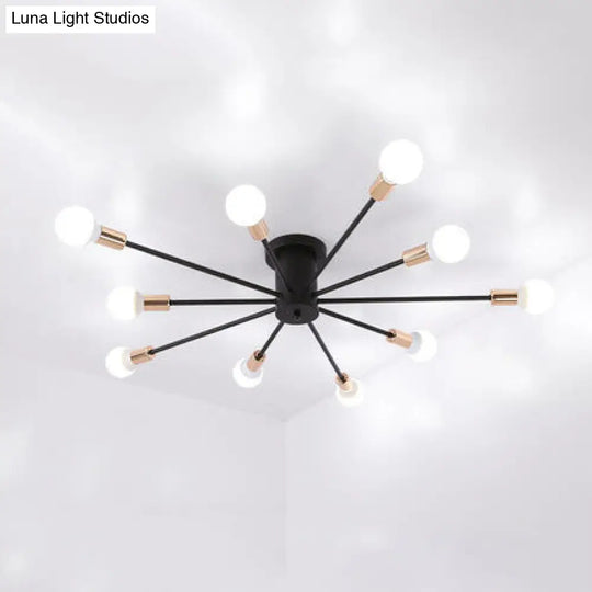 Modern Black Starburst Semi Flush Ceiling Light With Bare Bulb Design - 6/8/10 Lights Ideal For