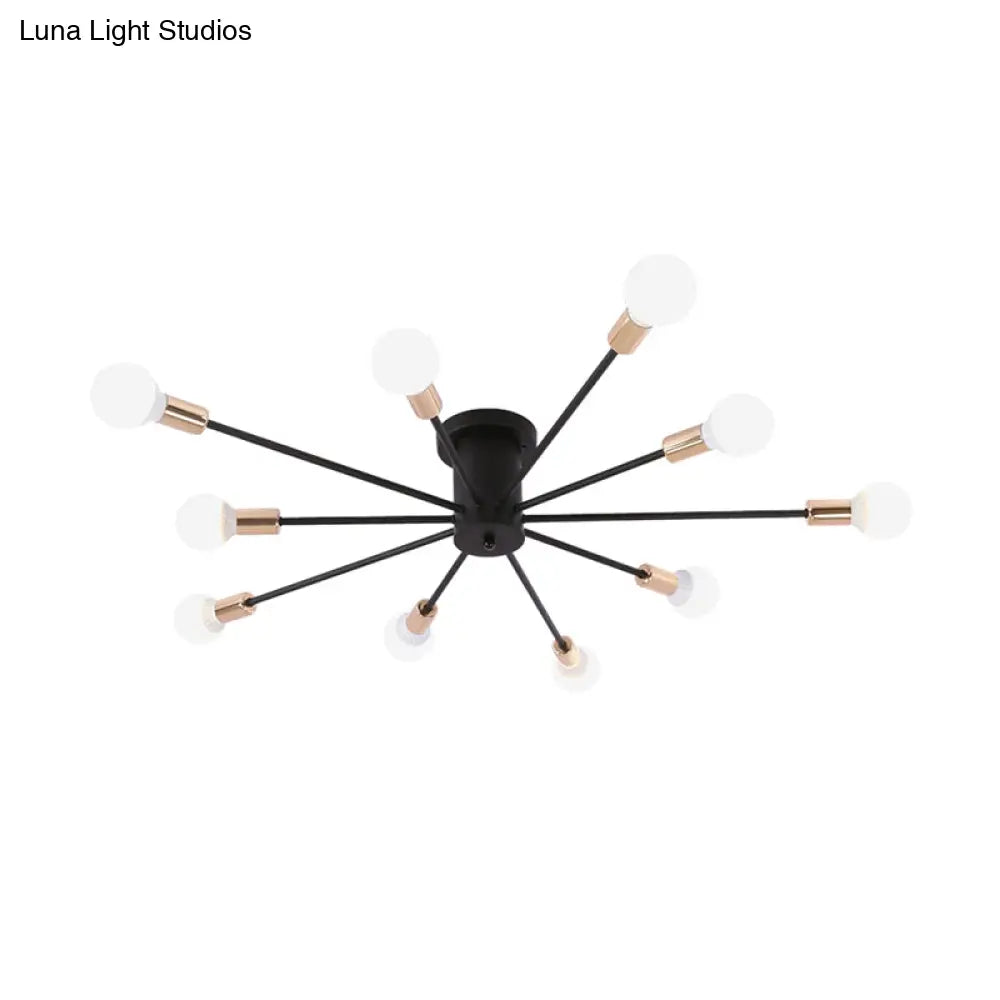 Modern Black Starburst Semi Flush Ceiling Light With Bare Bulb Design - 6/8/10 Lights Ideal For