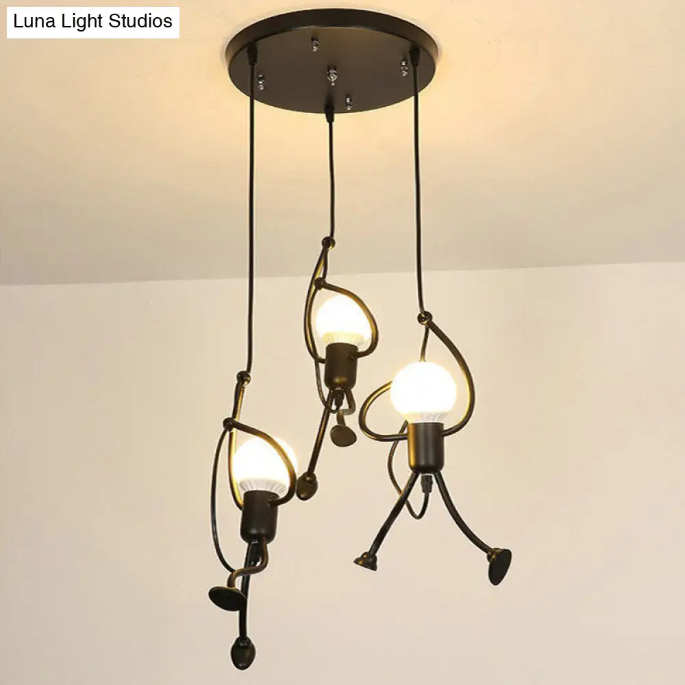 Modern Black Stick Figure Ceiling Light - 3-Bulb Metal Hanging Fixture / Round