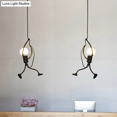 Modern Black Stickman Pendant Light Kit - Small Artistic Hanging Lamp With 1-Light Metal Ceiling