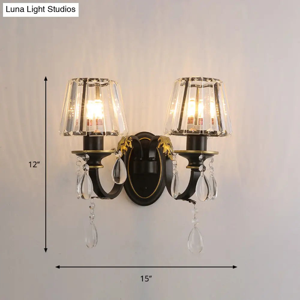 Modern Black Wall Lamp With Crystal Prisms Shade - Stylish Half-Head Light Fixture