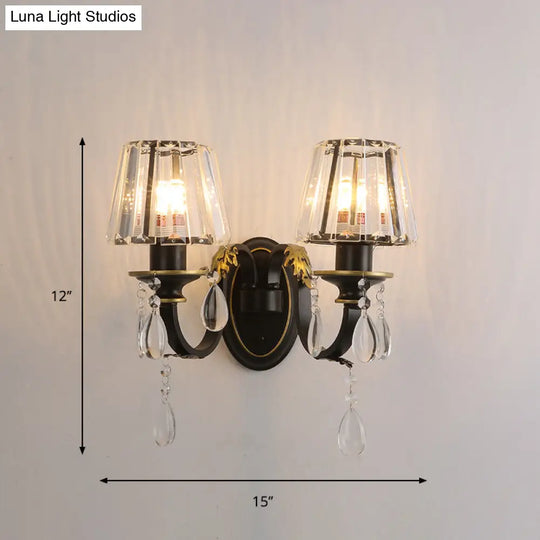 Modern Black Wall Lamp With Crystal Prisms Shade - Stylish Half-Head Light Fixture
