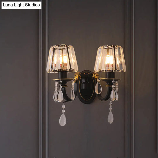 Modern Black Wall Lamp With Crystal Prisms Shade - Stylish Half-Head Light Fixture