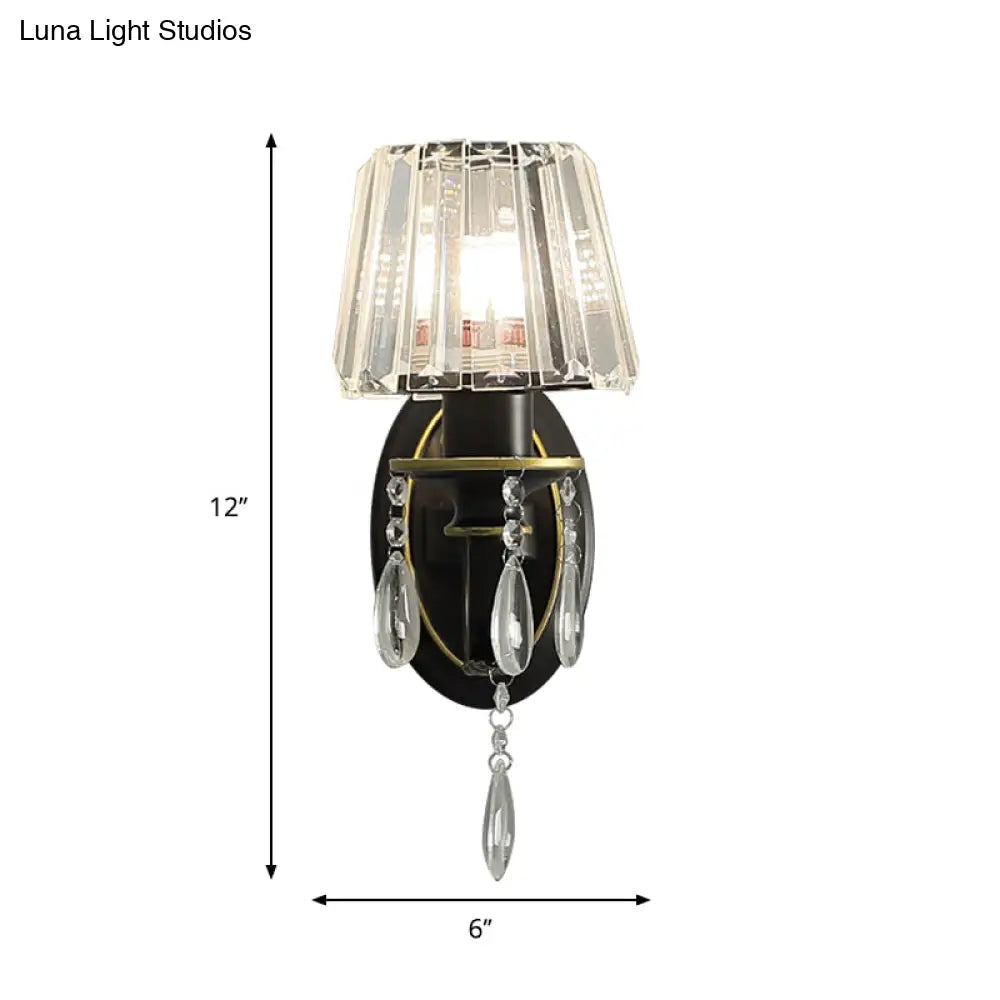 Modern Black Wall Lamp With Crystal Prisms Shade - Stylish Half-Head Light Fixture