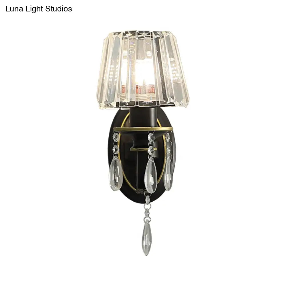Modern Black Wall Lamp With Crystal Prisms Shade - Stylish Half-Head Light Fixture