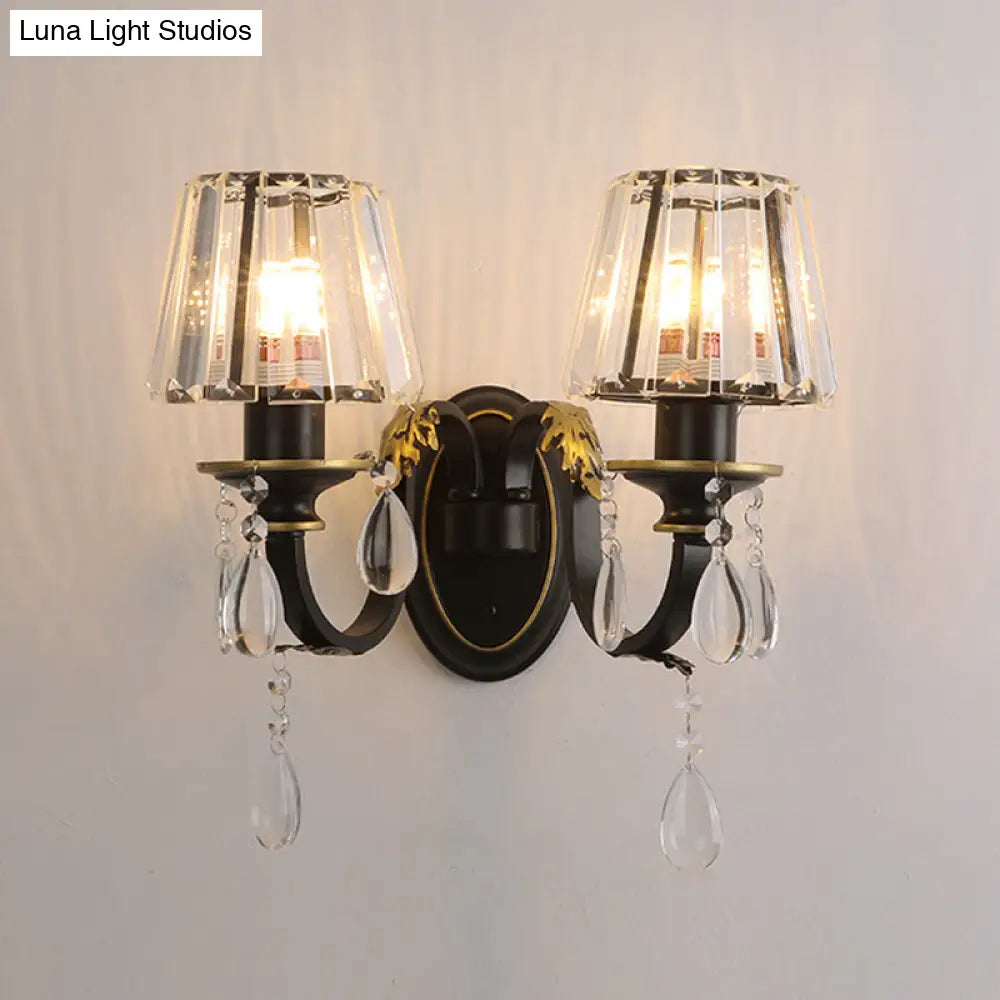 Modern Black Wall Lamp With Crystal Prisms Shade - Stylish Half-Head Light Fixture
