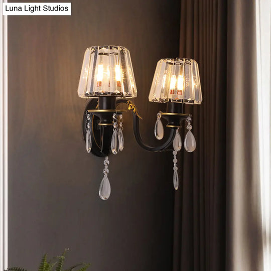 Modern Black Wall Lamp With Crystal Prisms Shade - Stylish Half-Head Light Fixture