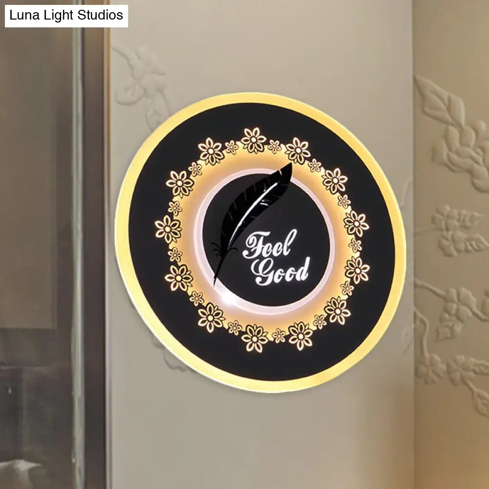 Modern Black Wall Mount Led Light Fixture With Feather/Blossom Pattern