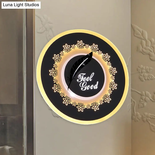 Modern Black Wall Mount Led Light Fixture With Feather/Blossom Pattern