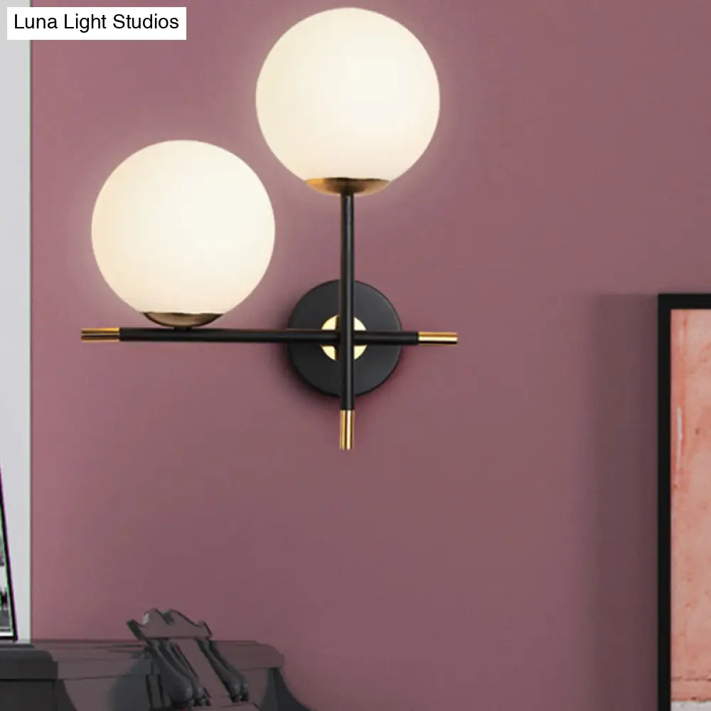 Modern Black Wall Sconce With Milky Glass Shade - 2 Bulbs Globe Light Fixture