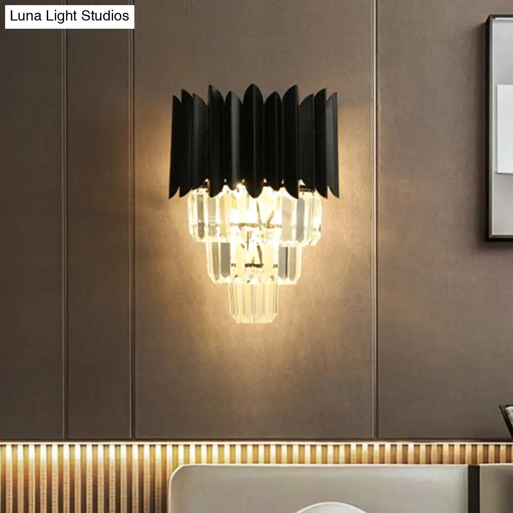 Modern Black Wall Sconce With Tapered Bulbs Clear Crystal Prisms - Flush Mount