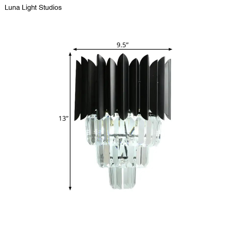 Modern Black Wall Sconce With Tapered Bulbs Clear Crystal Prisms - Flush Mount