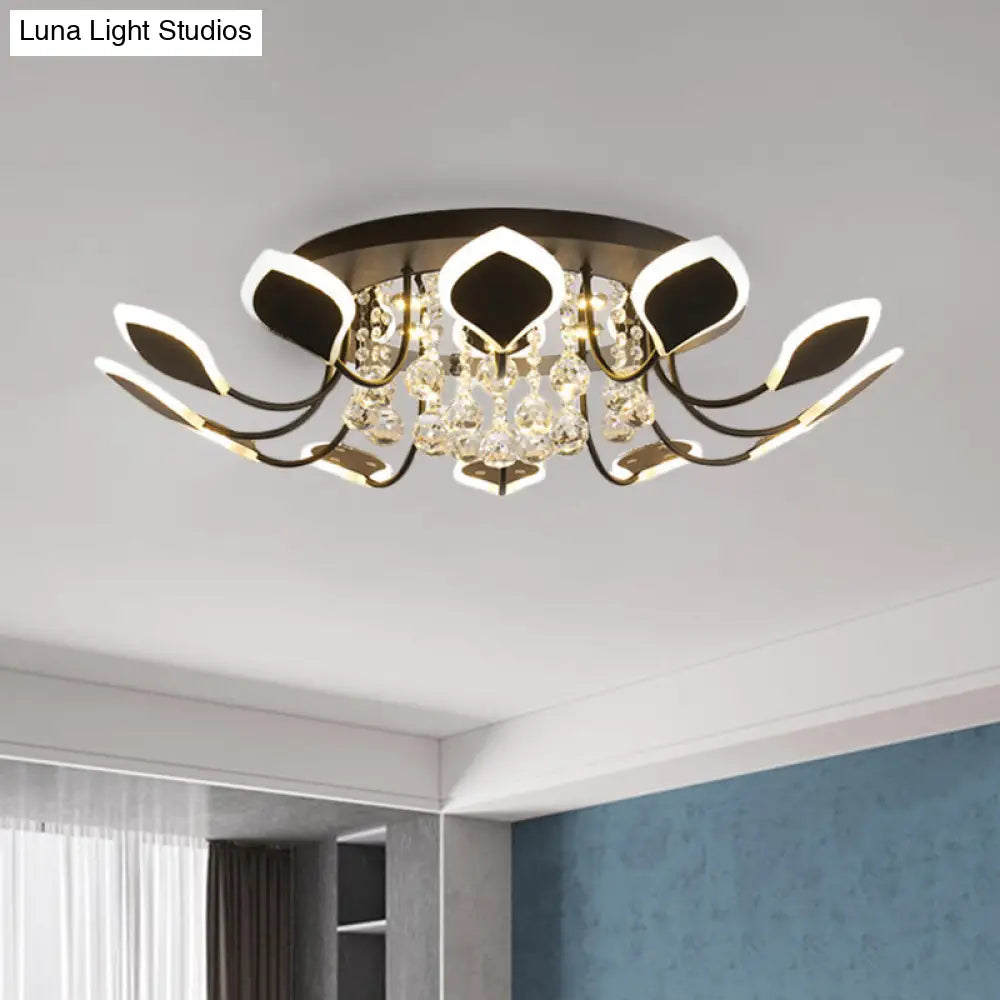Modern Black/White Crystal Ceiling Light With Raindrop Shade 10/12 Heads Parlor Flush Mount Lamp