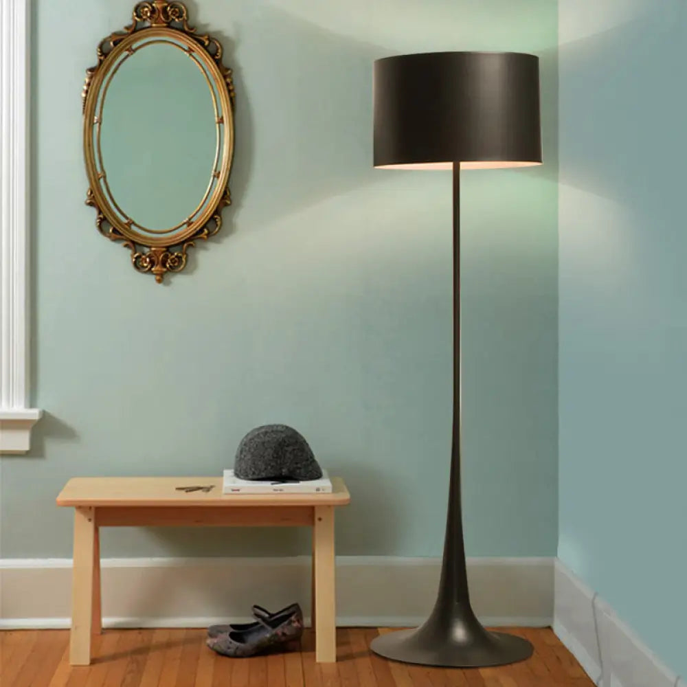 Modern Black/White Drum Shade Floor Lamp - 1-Light Aluminum Light 12/16 Width Ideal For Living Room