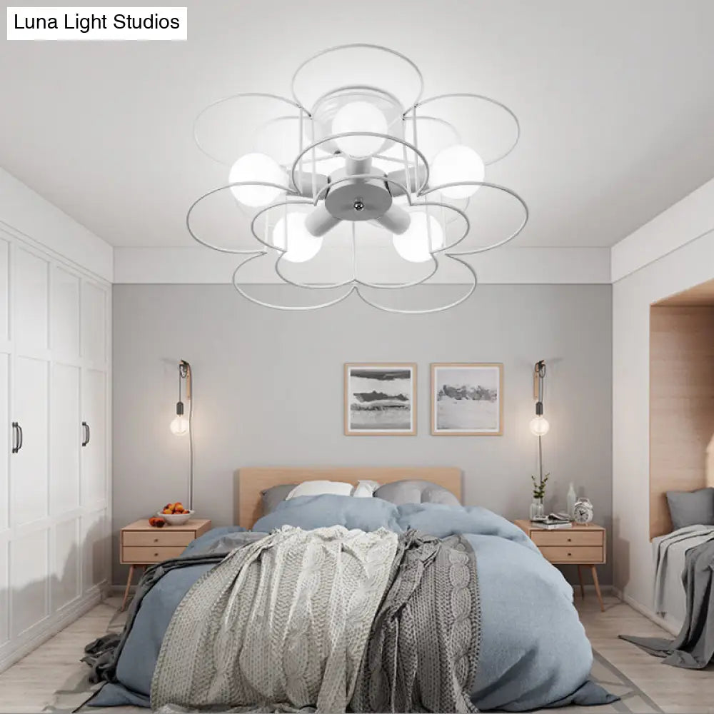 Modern Black/White Iron Frame Semi Flush Mount Chandelier - 5 Lights Bedroom Ceiling Lighting White