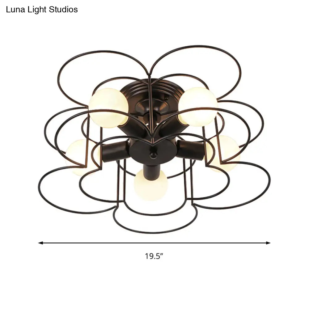 Modern Black/White Iron Frame Semi Flush Mount Chandelier - 5 Lights Bedroom Ceiling Lighting