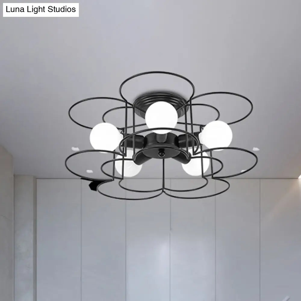 Modern Black/White Iron Frame Semi Flush Mount Chandelier - 5 Lights Bedroom Ceiling Lighting