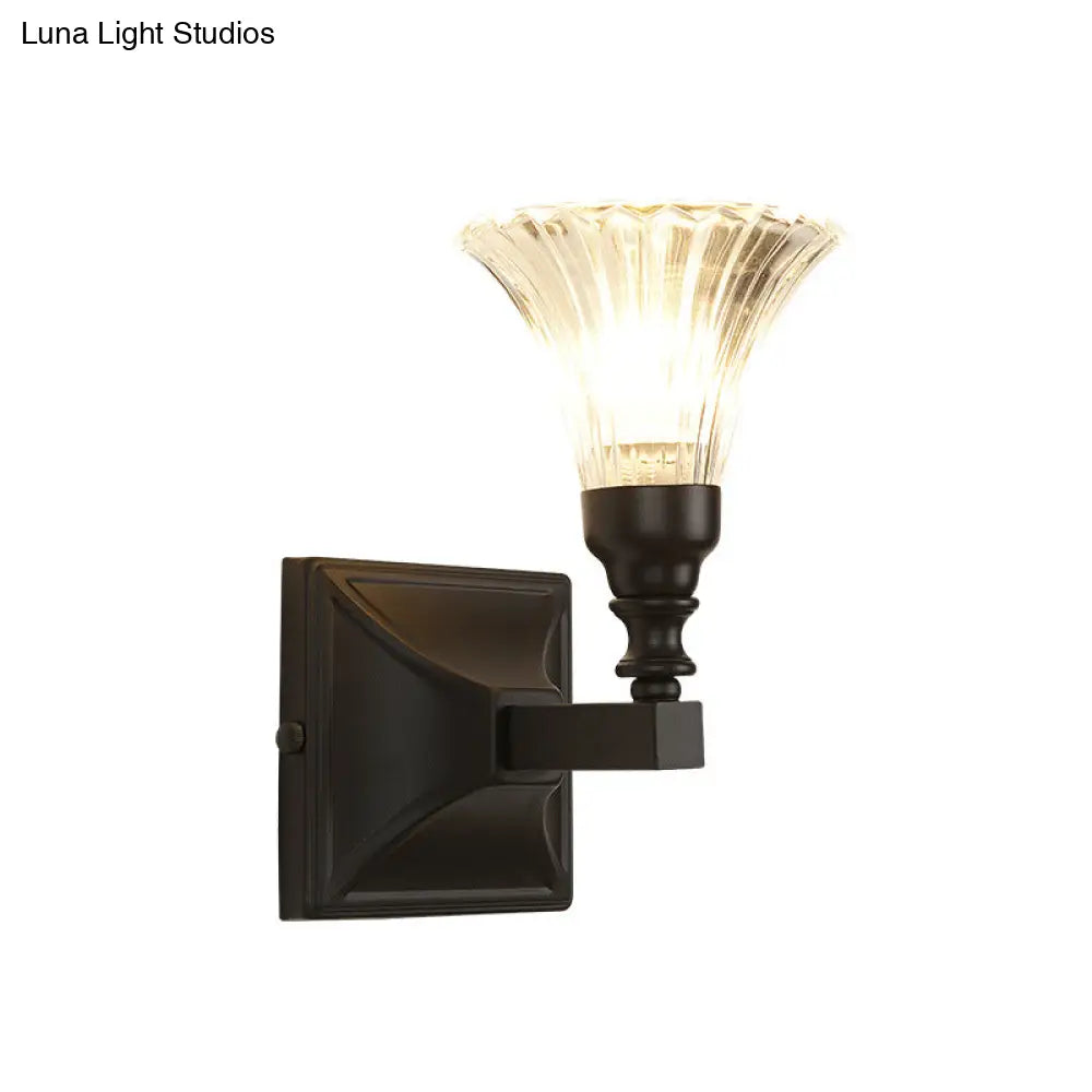 Modern Black Wide Flare Flush Mount Wall Sconce With Crystal Accent Bedside Light Fixture