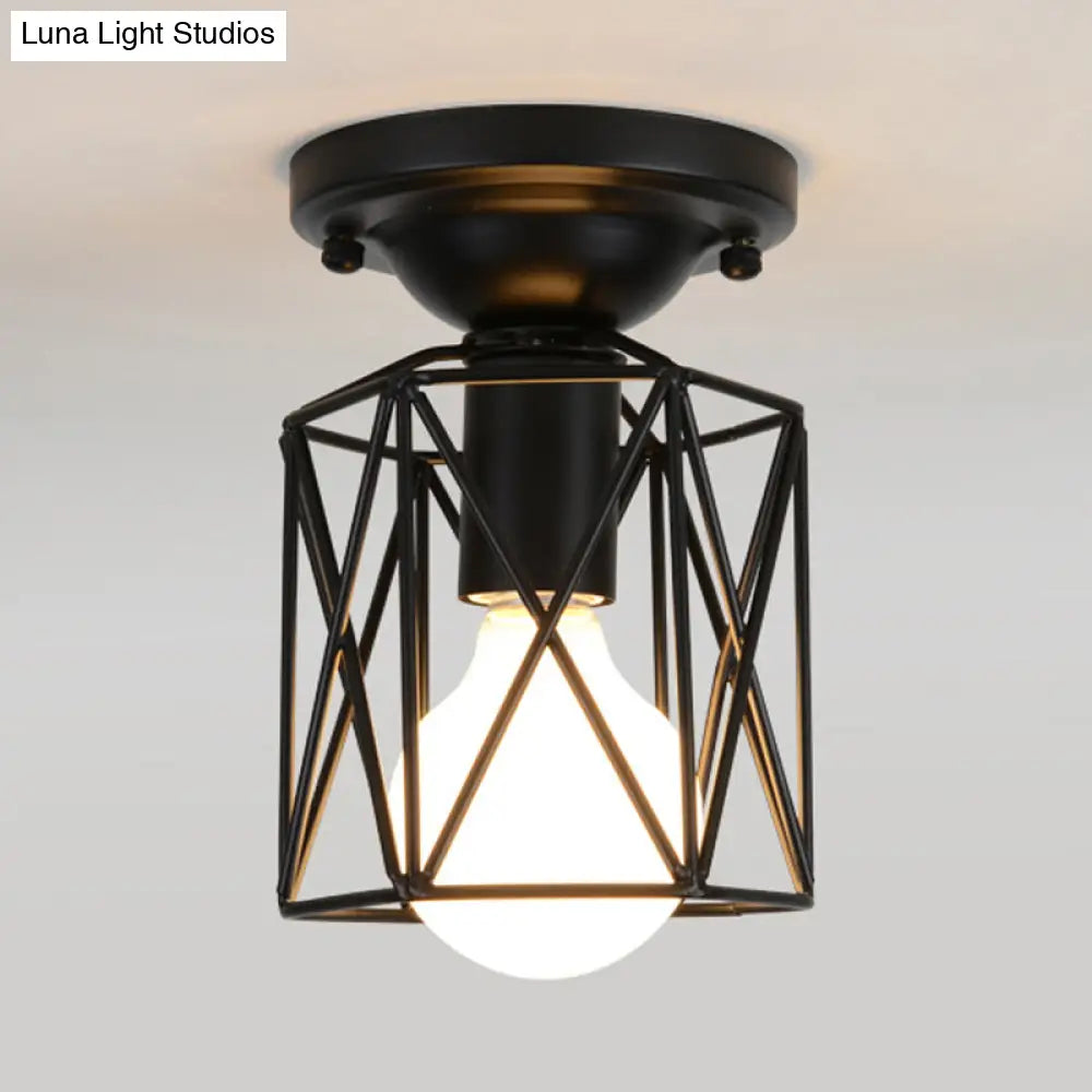 Modern Black Wire Frame Ceiling Flush Mount Light For Balcony