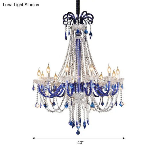 Modern Blue Crystal Candle Chandelier | 12-Light Hanging Ceiling Lamp For Balcony