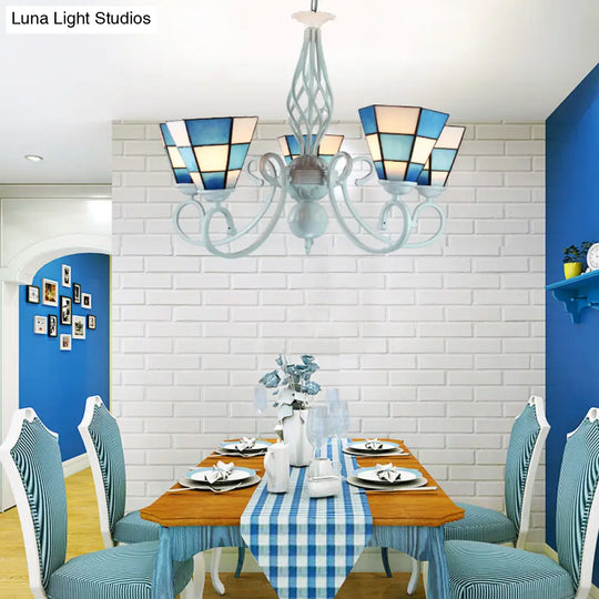 Modern Blue Mosaic Cone Chandelier With 3 Lights For Dining Room Ceiling