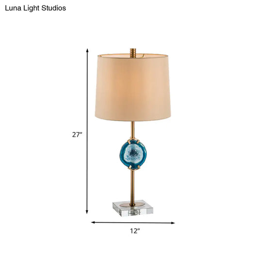 Modern Blue Night Table Lamp With Barrel Fabric Shade - Head Living Room Desk Light