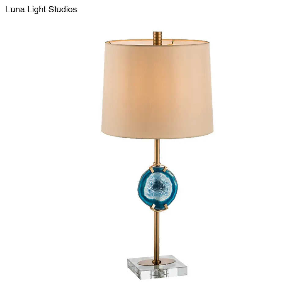 Modern Blue Night Table Lamp With Barrel Fabric Shade - Head Living Room Desk Light