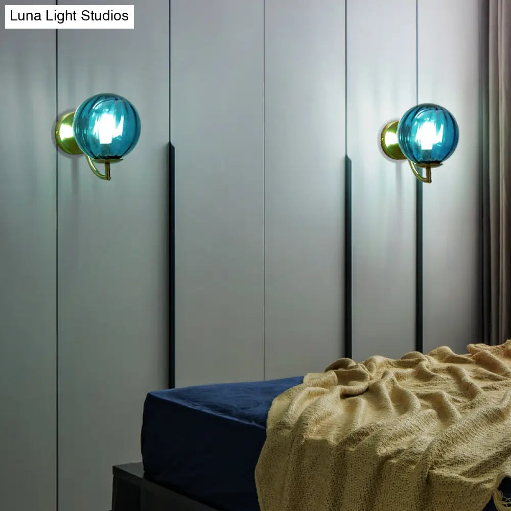Modern Blue Ribbed Glass Bedroom Wall Sconce Light Fixture