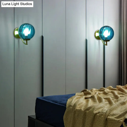 Modern Blue Ribbed Glass Bedroom Wall Sconce Light Fixture